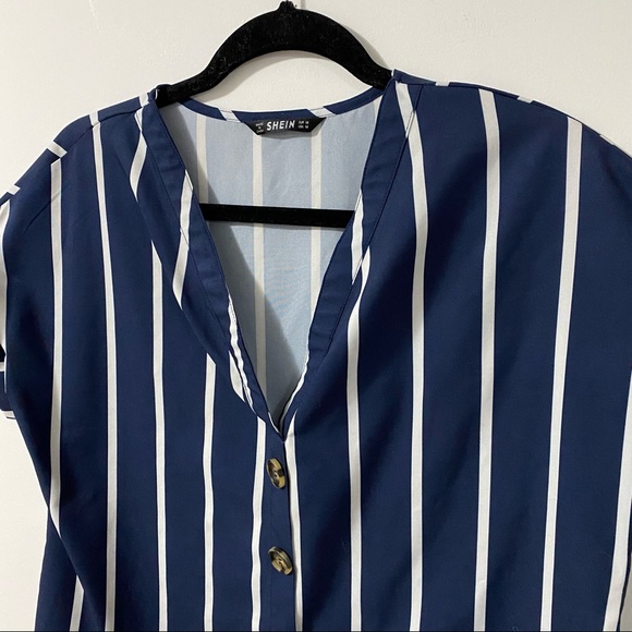 Shein Blue & White Striped Short Sleeve Blouse | M - Picture 3 of 9
